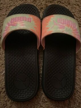 Puma Black Footbed Slides with Pink and Mint Tie-Dye Strap
